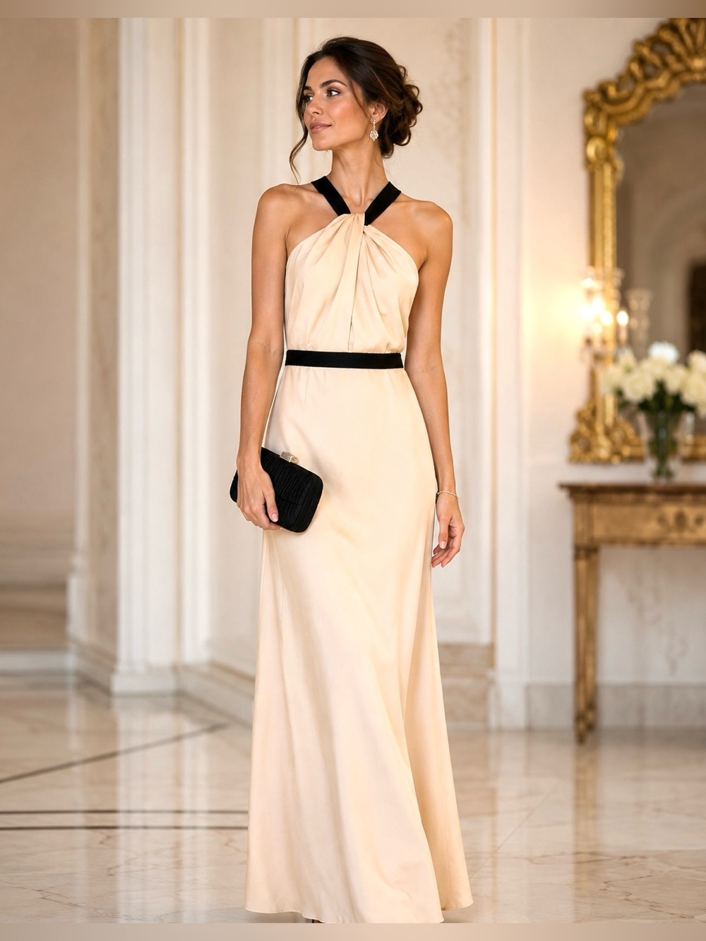 Jill Stuart Cream Blush and Black Halter Maxi Gown Size 4